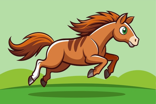 Vector a lively horse leaps joyfully over a small obstacle in a vibrant green meadow under a clear sky customizable cartoon illustration of a horse jumping