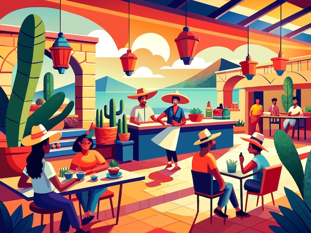 Vector a lively illustration of a mexican cantina with patrons enjoying tacos and margaritas vector