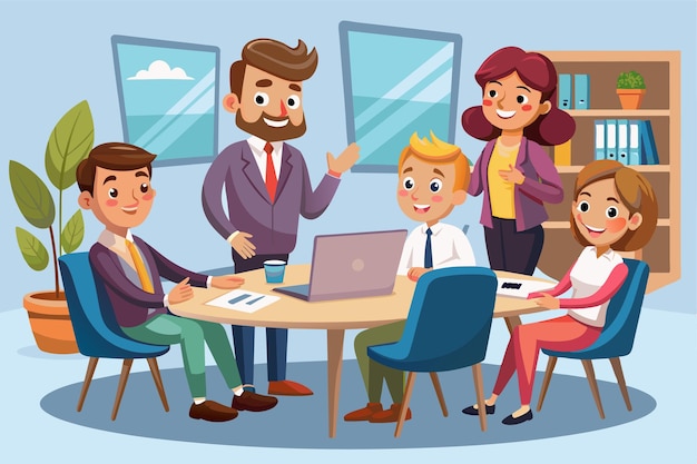 A lively pitch meeting with a diverse team collaborating around a central table in a bright office Pitch meeting Customizable Cartoon Illustration