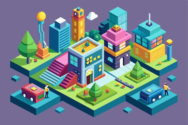 Vector a lively urban environment features colorful buildings trees vehicles and characters interacting in the setting post customizable isometric illustration