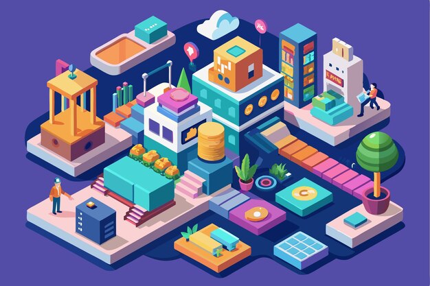 A lively urban environment showcases diverse structures plants and figures engaged in dynamic activities Hello Customizable Isometric Illustration