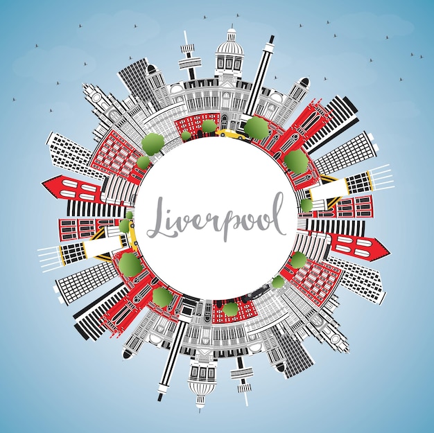 Liverpool England City Skyline with Color Buildings, Blue Sky and Copy Space. Vector Illustration. Business Travel and Tourism Concept with Historic Architecture. Liverpool Cityscape with Landmarks.