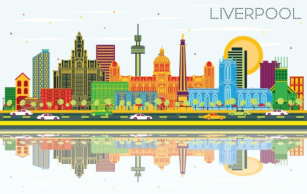 Liverpool UK City Skyline with Color Buildings Blue Sky and Reflections Vector Illustration Business Travel and Tourism Concept with Historic Architecture Liverpool Cityscape with Landmarks