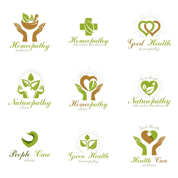 Living in harmony with nature metaphor, set of green health idea logos. Wellness center abstract modern emblems.