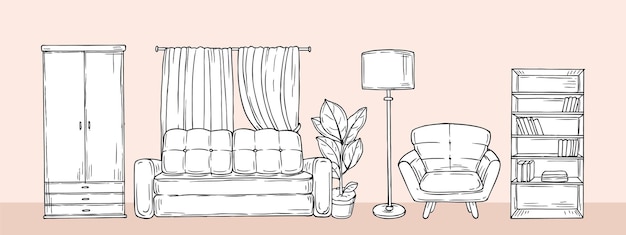 Living room banner Sketch furniture flat apartment with wardrobe sofa arm chair and bookshelf Cozy interior background drawing home accessories vector illustration