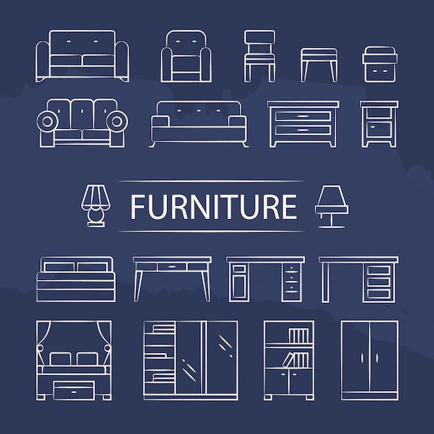 Living room furniture and table lamps line icons set