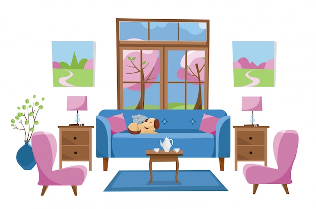 Living room furniture on white background. Blue sofa with table in room with large window. Outside spring trees.