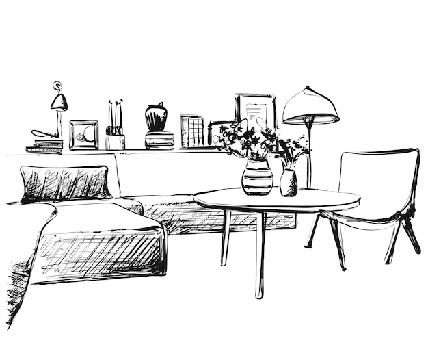 Living room graphic black white interior sketch illustration