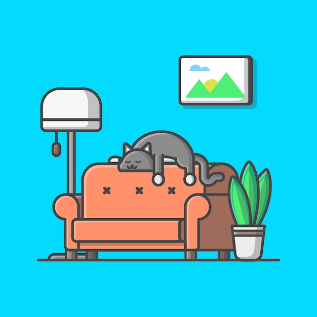 Living Room Illustration. Cat And Bench, Plant, Lamp, Living Room Isolated