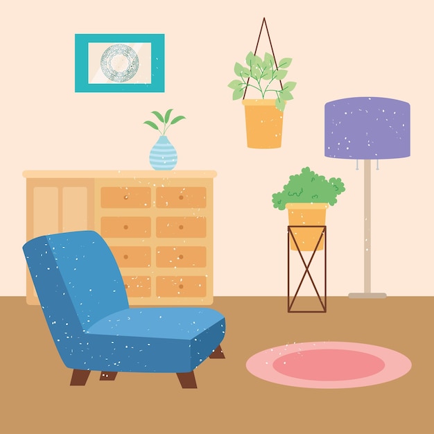 Living room illustration with decorative plants