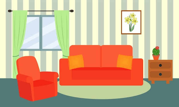 Living room interior Comfortable sofa armchair window and indoor plants Vector illustration