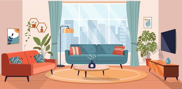 Living room interior Comfortable sofa TV window chair and house plants Vector flat illustration