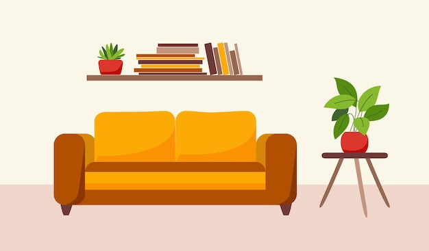 Living room interior. Cozy interior with sofa, bookshelf and house plants. Flat style vector