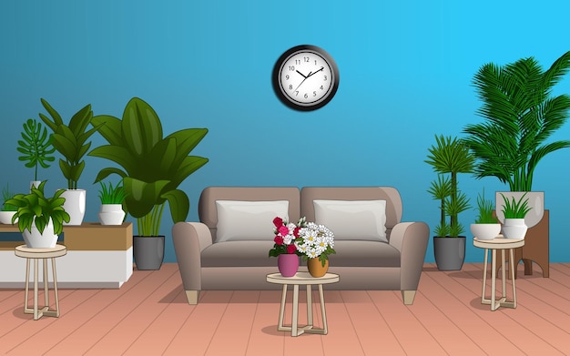 Living room interior design sofa tv floral flower vector illustration