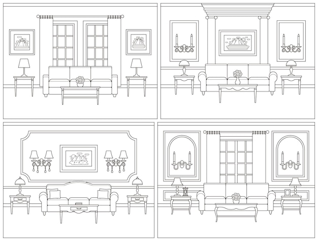 Living room interior in line art flat style Vector illustration