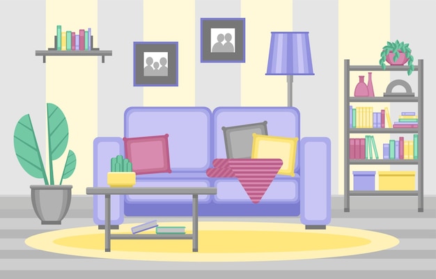 Living room interior. A sofa with pillows and a blanket, a coffee table, a bookcase and potted plant