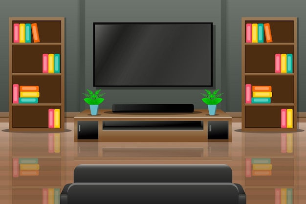 Living room interior with television tables rack and sofa