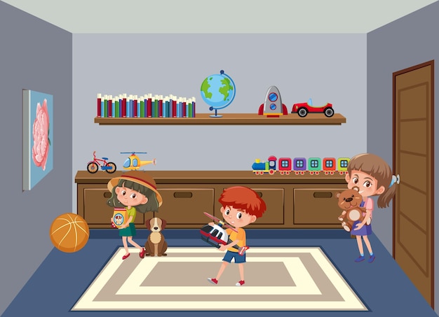 Living room scene with children cartoon character