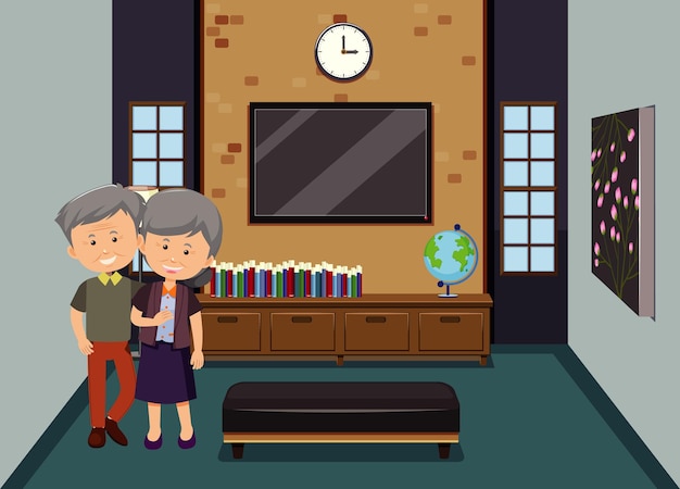 Living room scene with an old couple characters