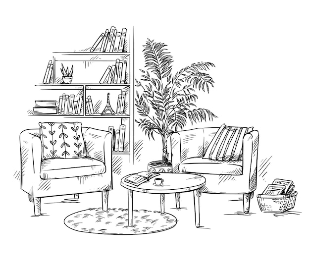 Living room. Two armchairs with coffee teble and a bookshelf vector illustration