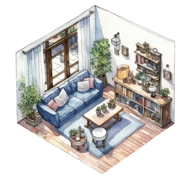 living room in watercolor style illustration