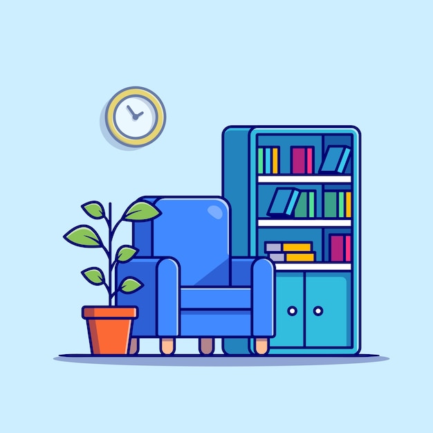 Living room with bookcase, armchair and plant illustration