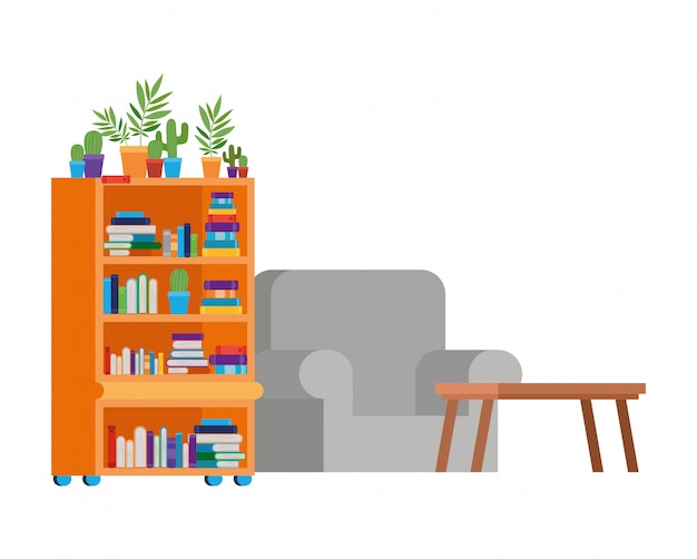 Living room with couch and bookshelf of books