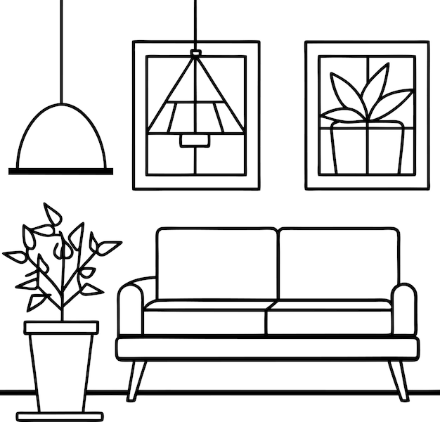 Vector a living room with a couch and a lamp on the wall