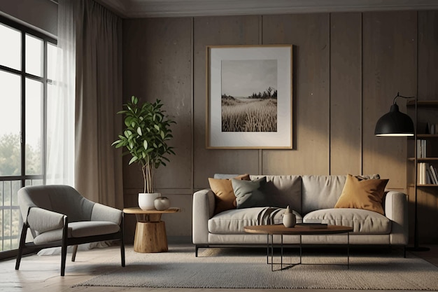 Vector a living room with a couch and a plant in the corner mock up poster frame in modern interior backgro