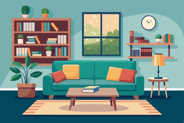 a living room with a couch table bookshelf and a clock cozy living room in flat design with sofa coffee table and bookshelf