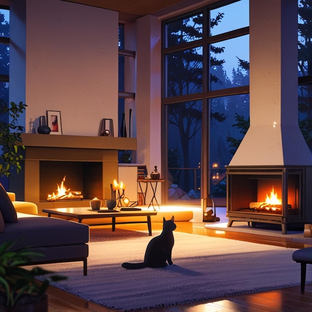 Vector a living room with a fireplace and a cat sitting on the floor