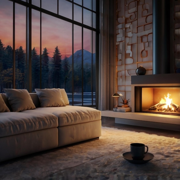 Vector a living room with a fireplace and a coffee cup on the fireplace