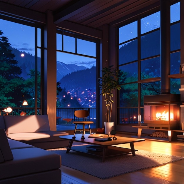 a living room with a fireplace and a fire place with a view of a mountain