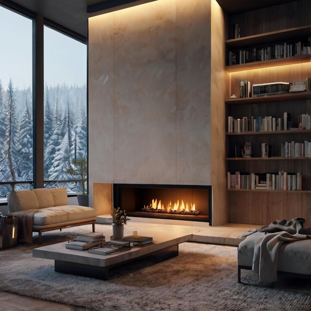 Vector a living room with a fireplace and a fireplace with a large screen that says  snow