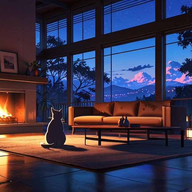 a living room with a fireplace and a large window with a cat on the side