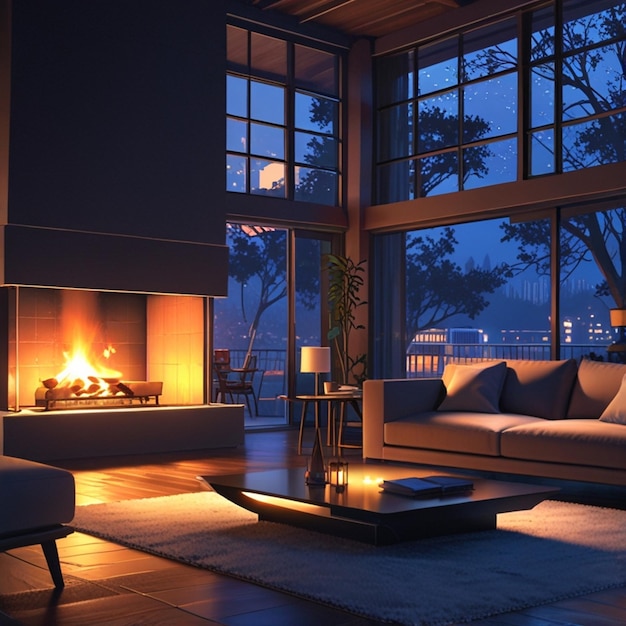 a living room with a fireplace and a large window with a view of the city