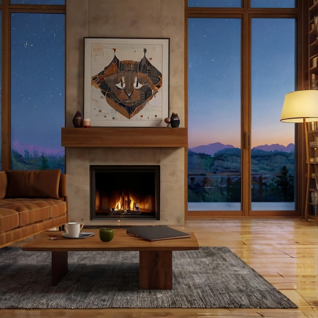 Vector a living room with a fireplace and a picture of a mountain view