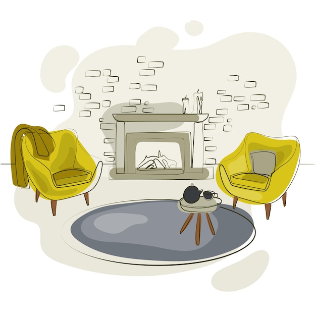 Living room with fireplace and two armchairs and coffee table simple line drawing vector