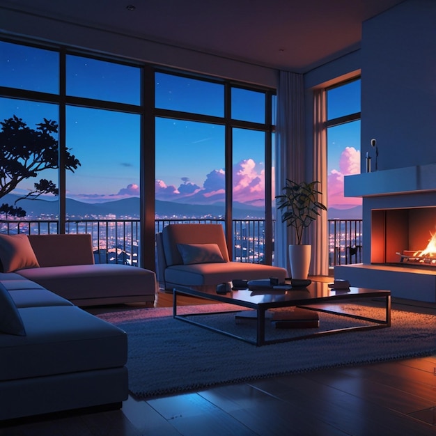 a living room with a fireplace and a view of the city