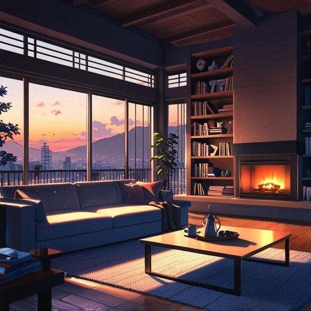 a living room with a fireplace and a view of the city