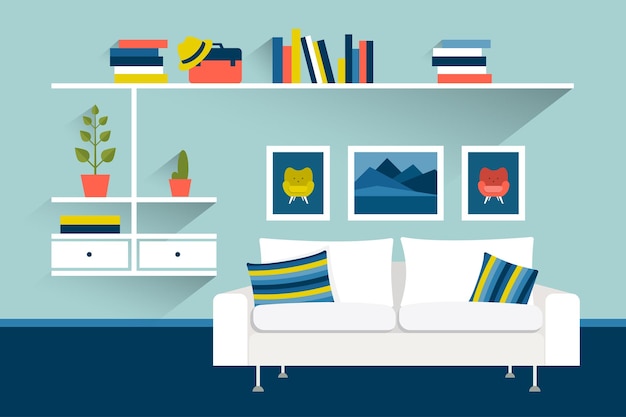 Living room with sofa and book shelves Flat design vector illustration