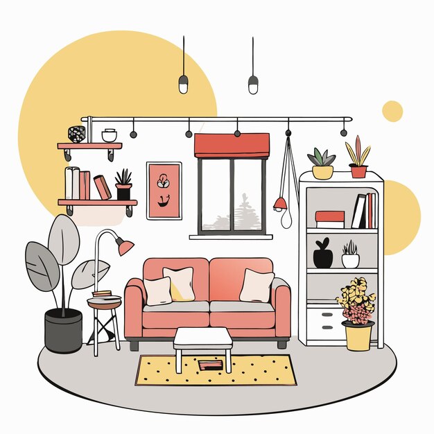 Vector a living room with a yellow and orange wall with a yellow background