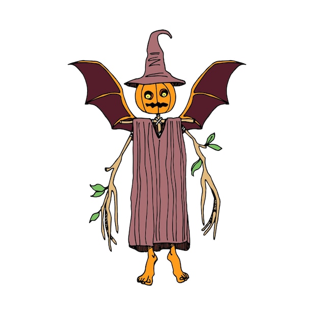 A living scarecrow with a pumpkin head and bat wings. A character of the Halloween holiday.