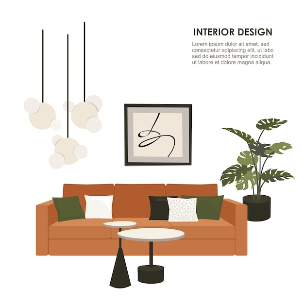 Vector livingroom interior concept with sofa pendants monstera coffee tables