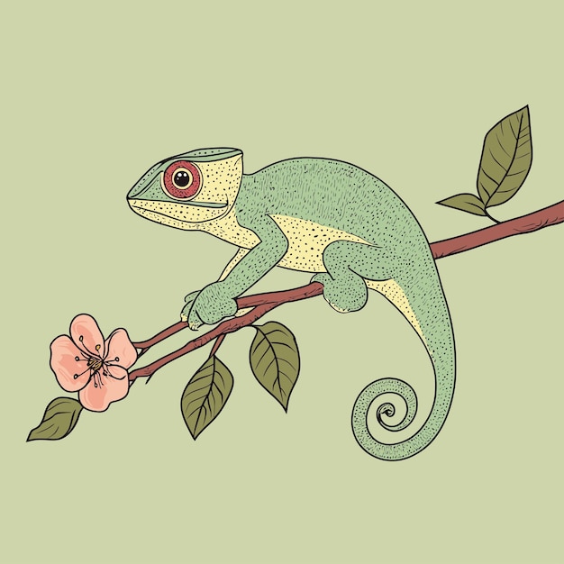 Vector a lizard on a branch with a flower and a lizard on it