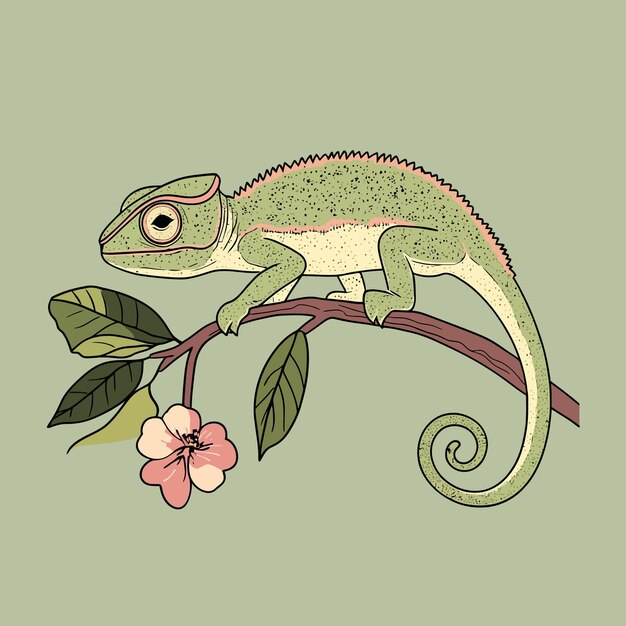 Vector a lizard on a branch with flowers and a green background