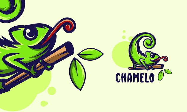 Lizard chameleon on the tree branch cartoon premium vector illustration