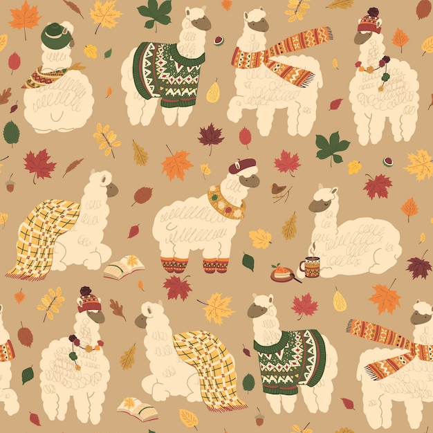 Llama alpaca animals with falling autumn yellow red orange leaves and sweater coffe cup hat sca