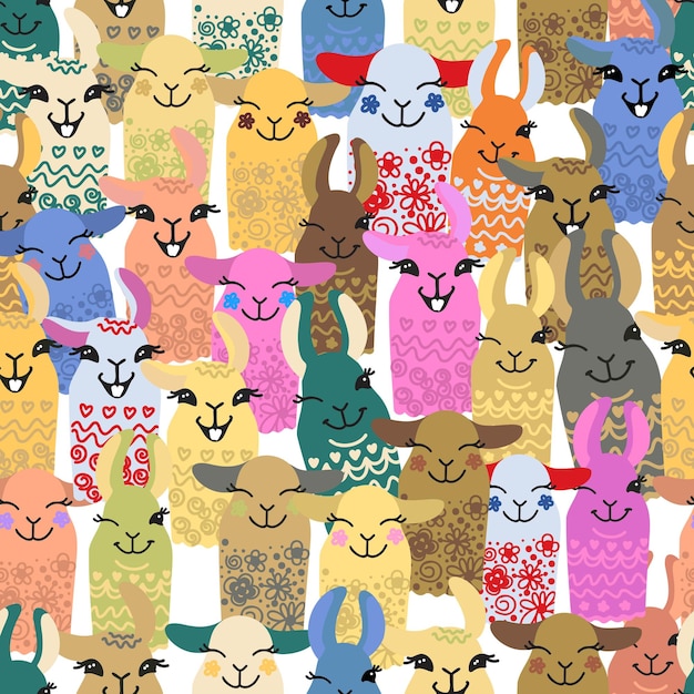 Llama alpaca cactuses and leaves seamless pattern background