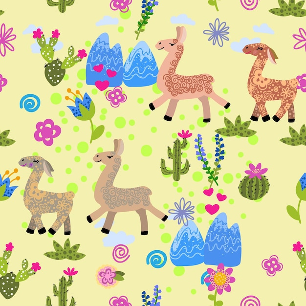 Llama alpaca cactuses and leaves seamless pattern background